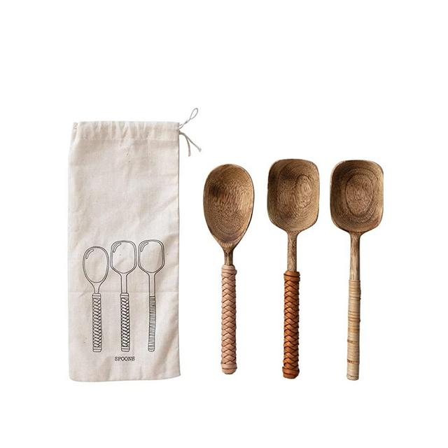 Creative Co-Op Mango Wood Bamboo and Leather Wrapped Handles, Set of 3 Spoon Set, 2" L x 2" W x 8" H, Natural