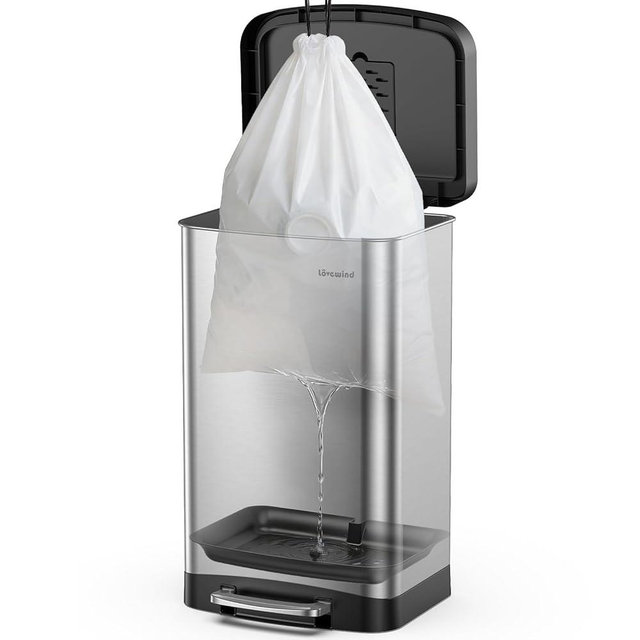 Lovewind Kitchen Trash Can, 16 Gallon/ 60 Liter Stainless Steel Garbage Can with Soft-Close Lid, Large Metal Kitchen Garbage Bin with Removable Fluid Tray, Recycling Bin for Kitchen Office, Silver