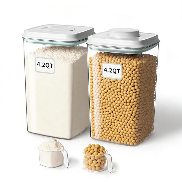 EQI Airtight Food Storage Containers Set with One-Touch Lid, 2-Pack (4.22 QT / 4.0 L) Tall Stackable Durable PET for Bulk Rice, Flour & Baking Essentials Organizer.