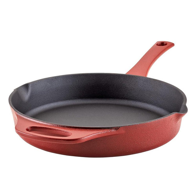 Rachael Ray NITRO Cast Iron Frying Pan/Skillet with Helper Handle and Pour Spouts, 10 Inch, Red