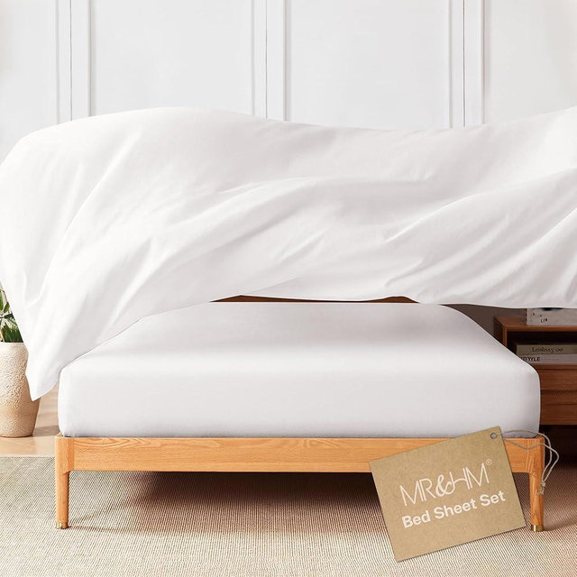 MR&HM Queen Sheet Set, 4-Piece Cooling Sheets, Rayon Derived from Bamboo & Polyester Blend, Soft & Silky, 15" Deep Pockets with Elastic Straps, Hotel Luxury for Hot Sleepers, White