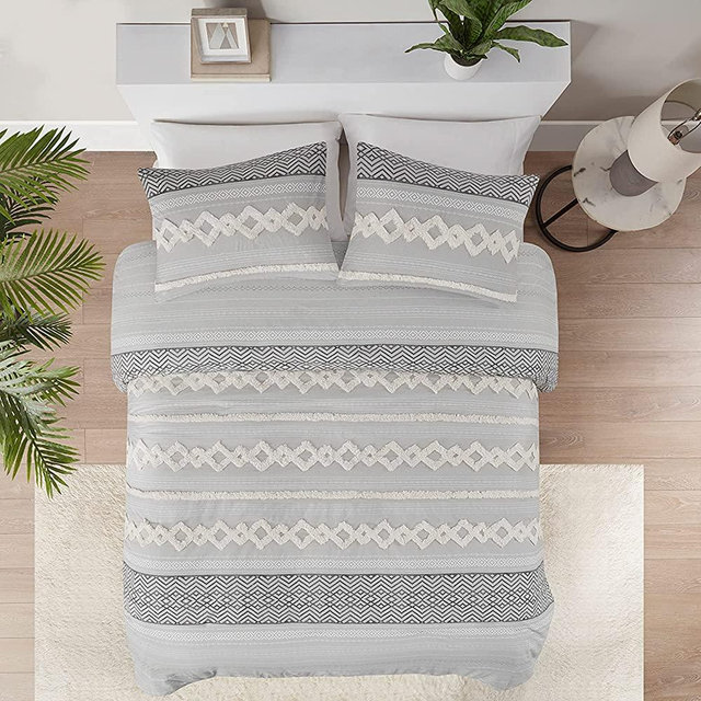 Cotton Farmhouse Comforter Set, Full/Queen Boho Size Bedding Sets, Dual-Sided Neutral Modern Design, Clipped Jacquard Stripes 3-Pieces /W Matching Pillow Shams (90x90 inches,Gray)