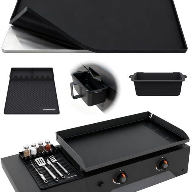 KITCHEN PERFECTION Ultimate Kit for Blackstone Griddle 28 Inch - Silicone Griddle Cover Mat + Griddle Accessories Mat + 2 PCS Silicone Grease Cup Liners Hermetic Protection from Rust & Debris All Year