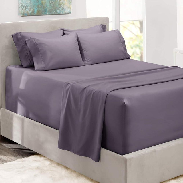 Hearth & Harbor Bed Sheets, Luxury Soft 6 Piece Bed Sheet Set Extra Deep Pocket Fitted Sheets Fits Mattress up to 21", Double Brushed Bedding Sheets & Pillowcases, Queen, Prpulish Gray
