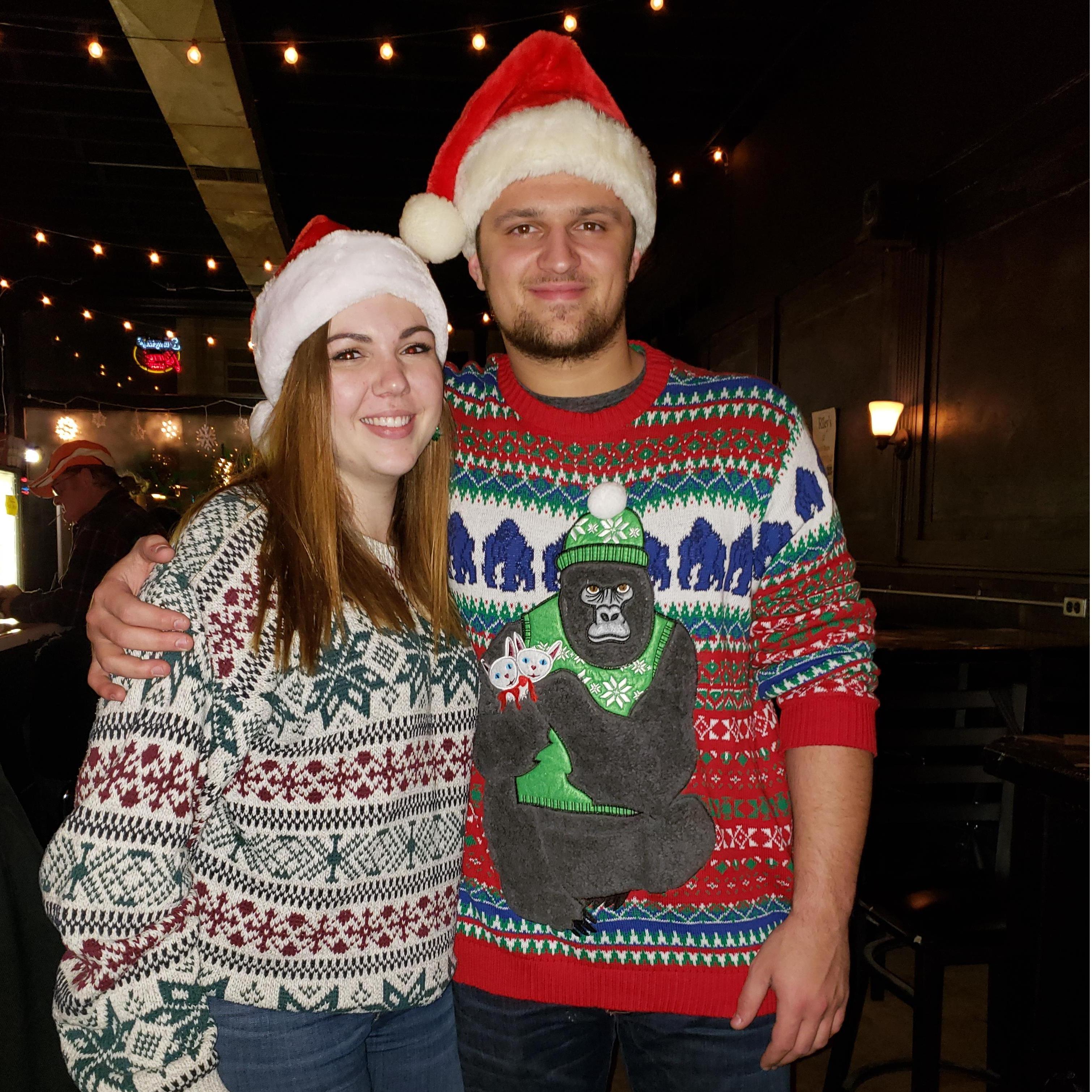Who goes to dive bars with ugly Christmas sweaters? We do! This picture was taken shortly after we *finally* admitted we were dating!