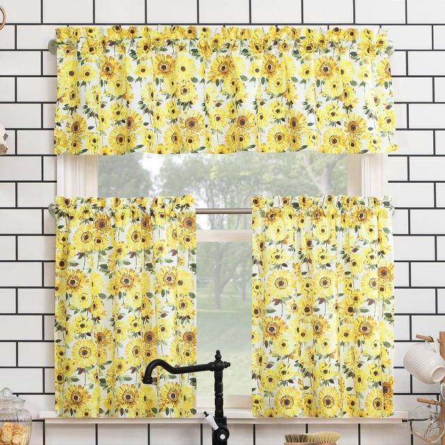 36"x54" Sunflower Print Semi Sheer Rod Pocket Kitchen Curtain Valance and Tiers Set Yellow - No. 918