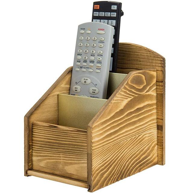 MyGift 3 Slot Remote Control Holder Caddy with Rustic Burnt Wood and Vintage Brass Metal, Home Media Storage Organizer