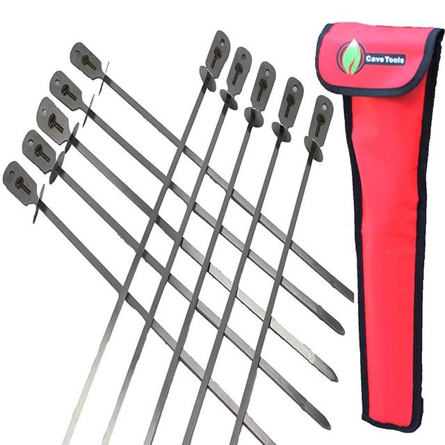 Cave Tools BBQ Skewers Set (10) - Extra Long 17.3 INCH SHISH Kabob - Flat Stainless Steel Wide Metal Barbecue Cooking Sticks with Food Removal Ring and Canvas Storage Case for Hanging on Grill