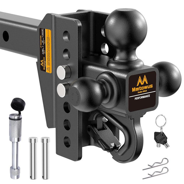 Mmtowus Adjustable Trailer Hitch -Drop Hitch -Tri Ball Mount with Hook (1-7/8'', 2''&2-5/16''), Fits 2-Inch Receiver, 6'' Drop/Rise 12,500 LBS GTW Tow Hitch, 3 Ball Hitches for Trucks, RV, Camper etc