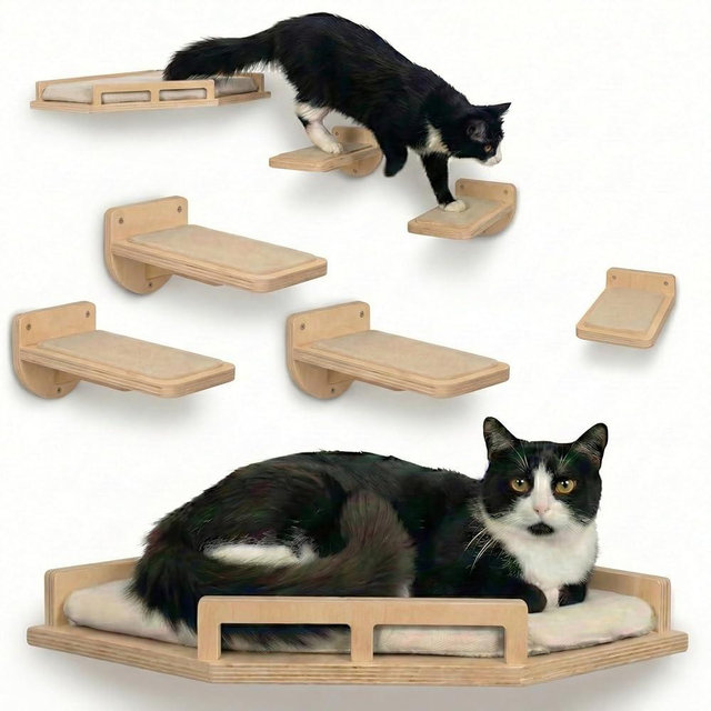INICIO Cat Wall Shelves - Safe and Sturdy Cat Wall Furniture - Stylish Corner Shelf with 3 Steps for Cats up to 15lbs - Cushioned Perch and Stairs for Climbing and Playing - Natural Wood