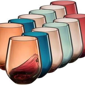 Khen European Style Shatterproof Tritan Stemless Wine Glasses, Acrylic Glass Drinkware, Unbreakable Colored, 12- Set - BPA-free plastic, Reusable, Dishwasher Safe, All Purpose Glassware 15oz - (Muted)