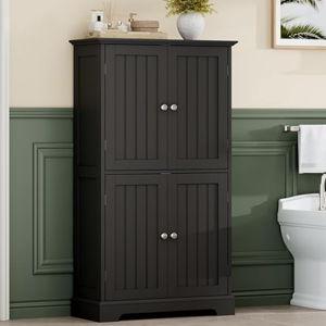 ChooChoo Bathroom Floor Cabinet, Modern Bathroom Storage Cabinet with 4 Doors and Adjustable Shelves, Freestanding Cupboard for Living Room, Black