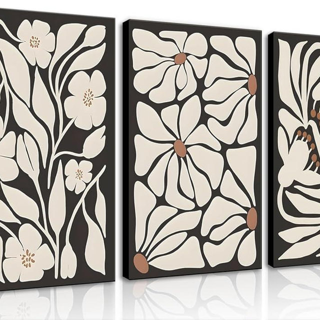 QGNBGBJ Framed Black Boho Flowers Plant Wall Art Abstract Botanical Flower Canvas Poster Vintage Bohemian Neutral Floral Prints Wall Decor Trendy Black Beige Floral Set for Girl Bedroom(12x16in)