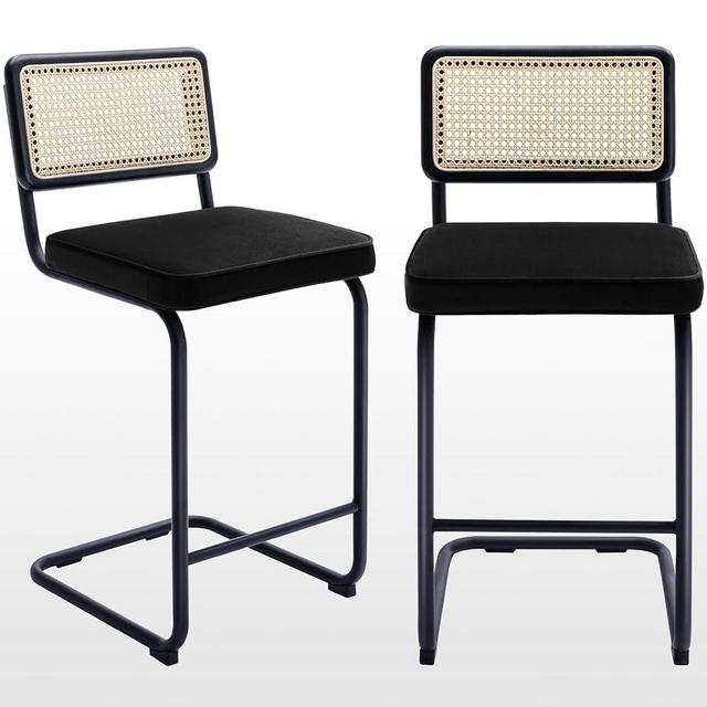 Zesthouse Counter Height Barstools Set of 2, 26'' Modern Bar Stools, Mid Century Cantilevered Design Counter Chairs with Natural Cane Mesh, Black Velvet Upholstered Stools for Kitchen Counter