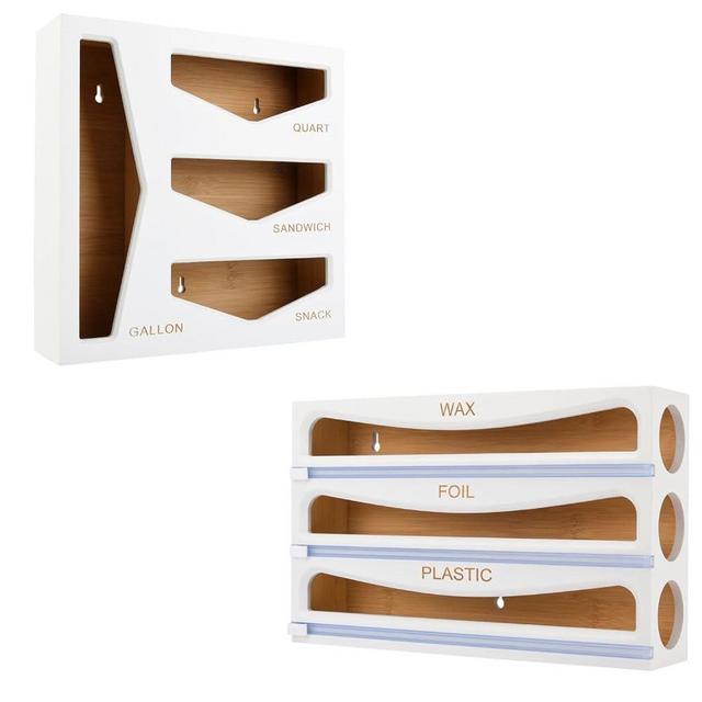 Cozee Bay Bamboo Bag Organizer and Wrap Dispenser Bundle for Kitchen Drawer and Wall Mount (White)