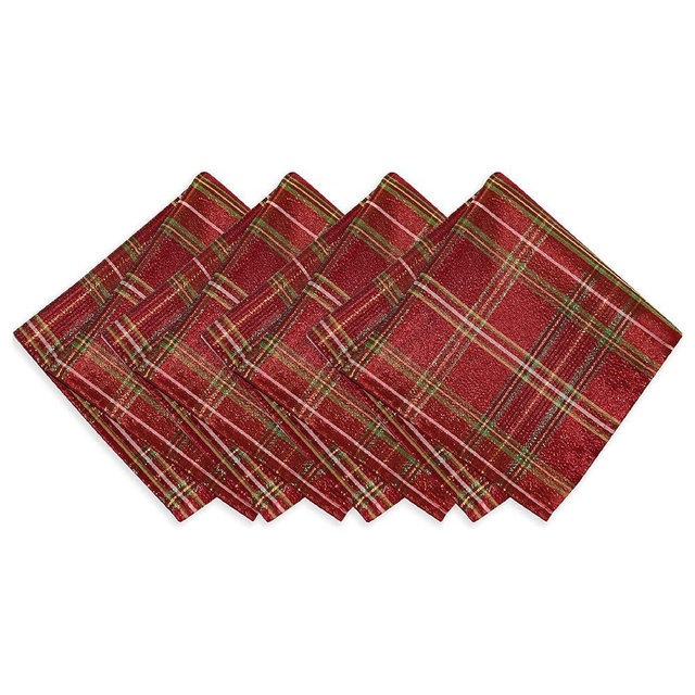 Elrene Home Fashions Shimmering Plaid Holiday Cloth Napkins, Set of 4, 17 Inches x 17 Inches, Red