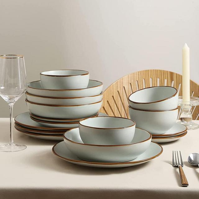 Stone + Lain Brasa Stoneware 16-Piece Round Dinnerware Set with Pasta Bowls, Light Green