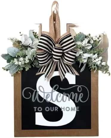 2023 New Last Name Year Round Front Door Wreath Front Porch Decoration 26 Letter Welcome Sign with Eucalyptus Garland and Bow Spring Wreaths for Front Door Outside Hanger Garland (S)