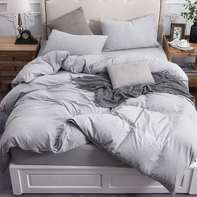 PURE ERA Jersey Knit Duvet Cover Set 100% T-Shirt Cotton Super Soft Comfy, Heathered Grey Queen, with Zipper Closure (3pc Bedding Set, 1 Duvet Cover + 2 Pillow Shams)