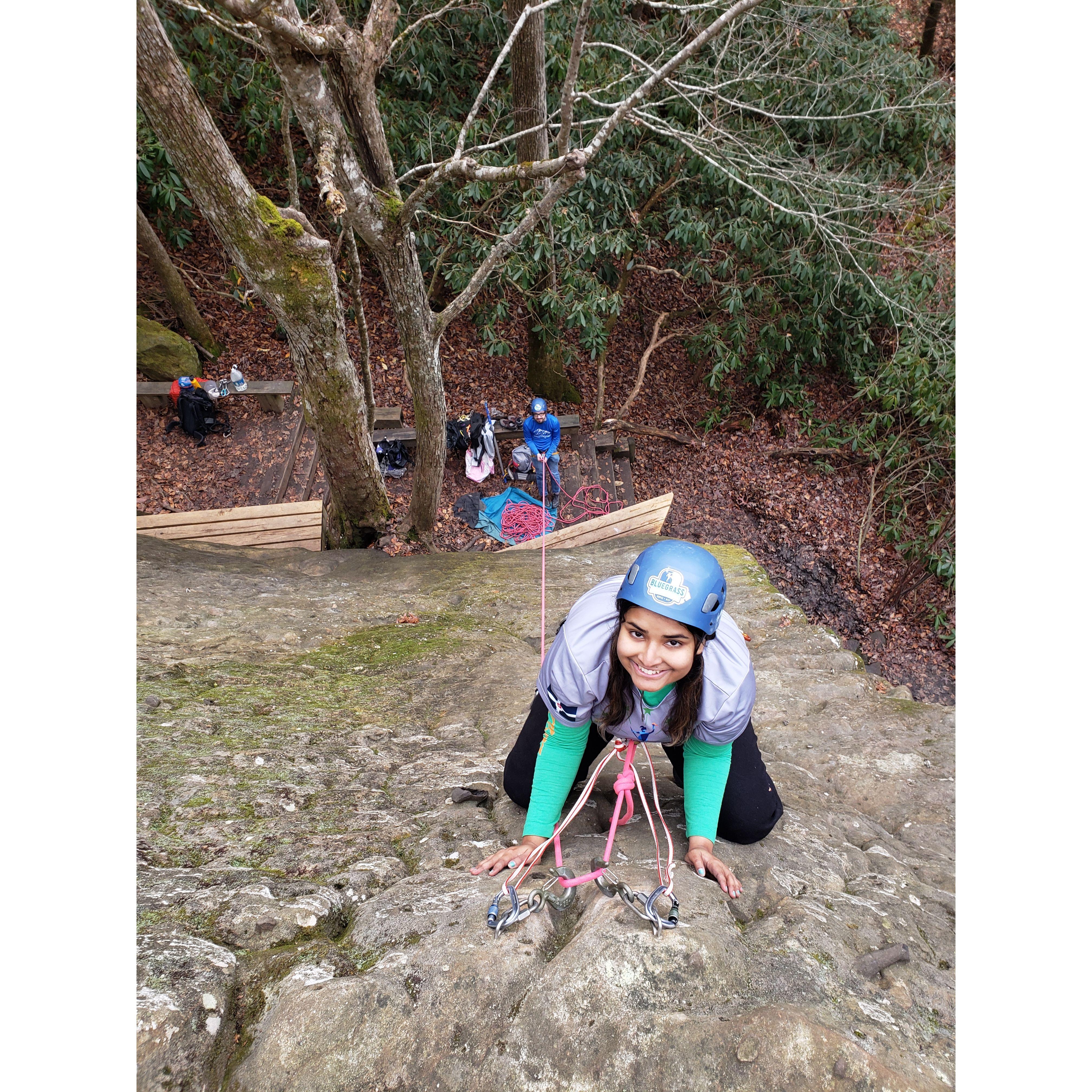 Climbing in Red River Gorge (and Caleb trying not to drop Soumilee), Thanksgiving 2023
