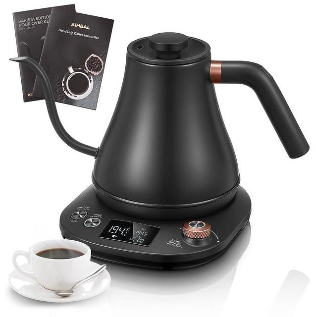 Gooseneck Kettle Temperature Control, Pour Over Electric Kettle for Coffee and Tea, 100% Stainless Steel Inner, 1200W Rapid Heating, 0.8L, Built-in Stopwatch, Matte Black