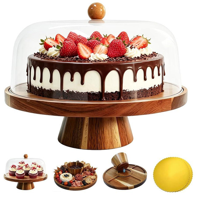 Tiaforza Acacia Wood Cake Stand with Lid, 11.42-inch Round Footed Display, 2-in-1 Reversible Design for Cupcakes, Charcuterie, Fruit Snacks, Weddings, Parties, Birthdays, Daily Home & Kitchen Decor
