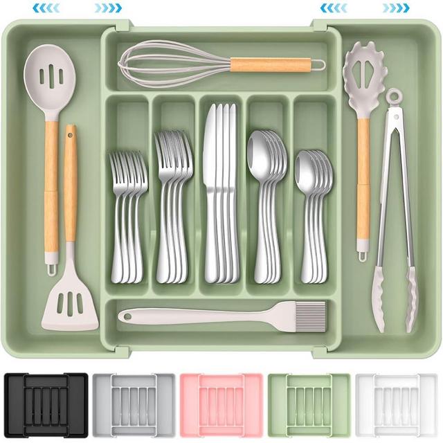ukeetap Extra Large Expandable Silverware Organizer, BPA-Free Food-Safe Cutlery Flatware Organizer, Kitchen Utensil Drawer Organizer, Adjustable Silverware Holder for Spoons Forks Knives, Green