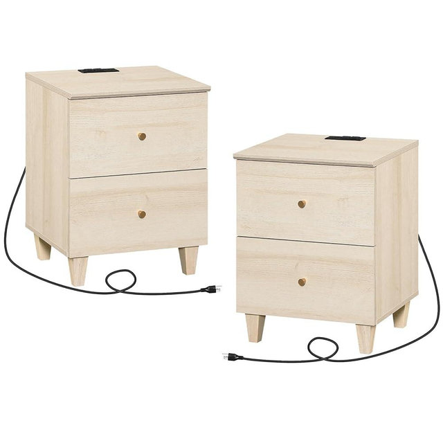 WAMPAT Nightstands with Charging Station & 2 Drawers, Set of 2 Modern Mid-Century End Tables Wooden Bedside Table for Living Room, Bedroom Storage, Light Oak
