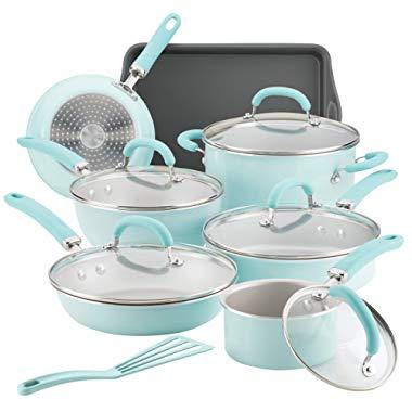 Rachael Ray 12146 Create Delicious Nonstick Cookware Pots and Pans Set, 13 Piece, Light Blue Shimmer