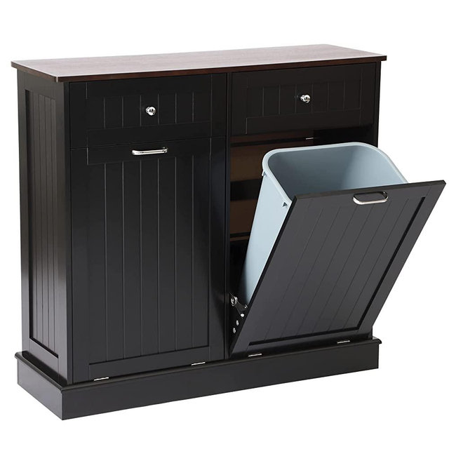 LOUVIXA Tilt Out Trash Bin Cabinet Dog Proof Trash Can Holder with Two Solid Wood Hideaway Trash Holder Drawers, Free Standing Recycling Cabinet (A-Black)