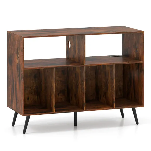 Costway Record Player Stand with Charging Station Open Shelves & Compartments Raised Legs Brown