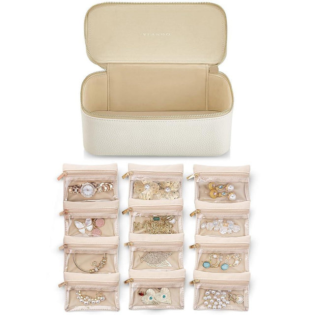 Vlando Travel Jewelry Case,Jewelry Box with 12 Velvet Jewelry Pouch Jewelry Travel Organizer for Women Girl Jewelry Case Necklace Rings Earrings Bags Wedding Gifts (White)