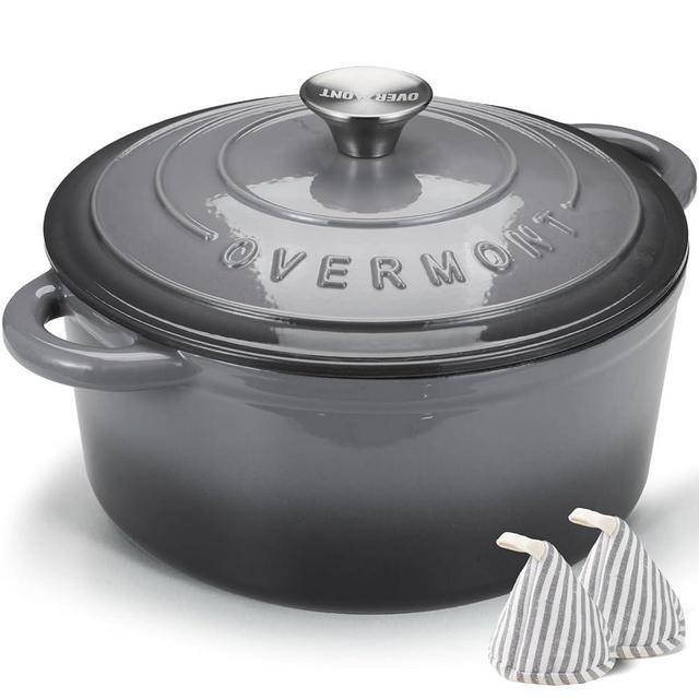 Overmont Enameled Cast Iron Dutch Oven - 4.5QT Pot with Lid Cookbook & Cotton Potholders - Heavy-Duty Cookware for Braising, Stews, Roasting, Bread Baking grey