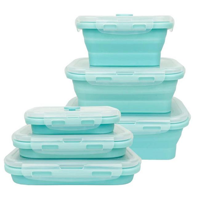 CARTINTS Silicone Collapsible Food Storage Containers-Prep/Storage Bowls with Lids - Set of 3 Square Silicone Lunch Containers - Microwave, Dishwasher and Freezer Safe (blue)