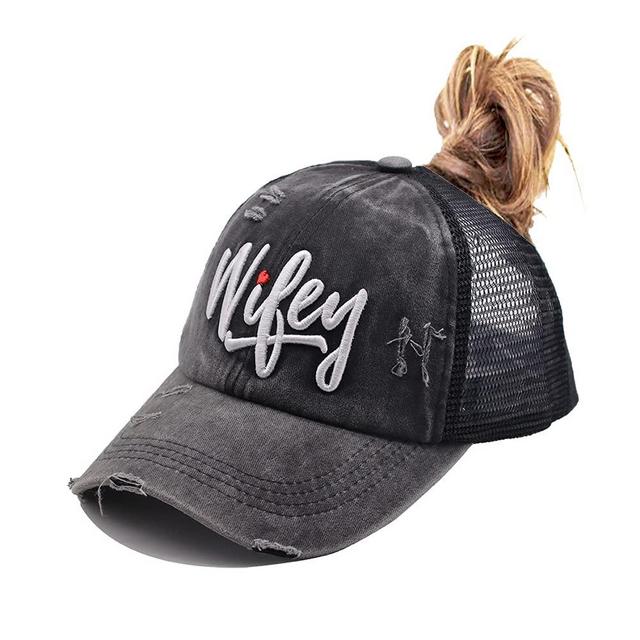 MANMESH HATT Embroidered Wifey Ponytail Hat Vintage Washed Adjustable Denim Baseball Cap for Women