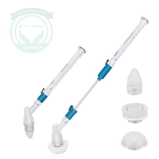 YOUKADA Electric Spin Scrubber, Cordless Floor Scrubber, Super Power Cleaning Brush for Kitchen, Bathroom, Living Room, New Upgraded Cleaner with 3 Replaceable Brush Heads, 1 Extension Arm (Blue)