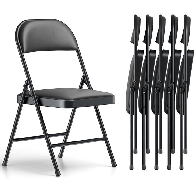 Folding Chairs 6 Pack, PU Leather Padded Folding Chairs for Outside and Indoor, Heavy Duty Portable Foldable Metal Commercial Seat for Home Office, Dorm, Party, Backyard, Lawn, Patio, Black
