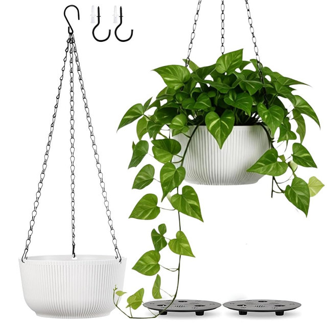 Kvetto Set of 2 Hanging Pots for Plants Indoor Outdoor, 10 Inch Self-Watering Hanging Planters with Internal Saucer, Drainage Hole & Plug (Hooks)