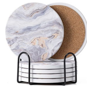 Hoewina 6Pcs Drink Coasters with Holder, Marble Style Ceramic Drink Coaster, Absorbent Coasters Set Suitable for Kinds of Cups, Modern Style Coasters for Coffee Table, 4 Inches（Style 8）
