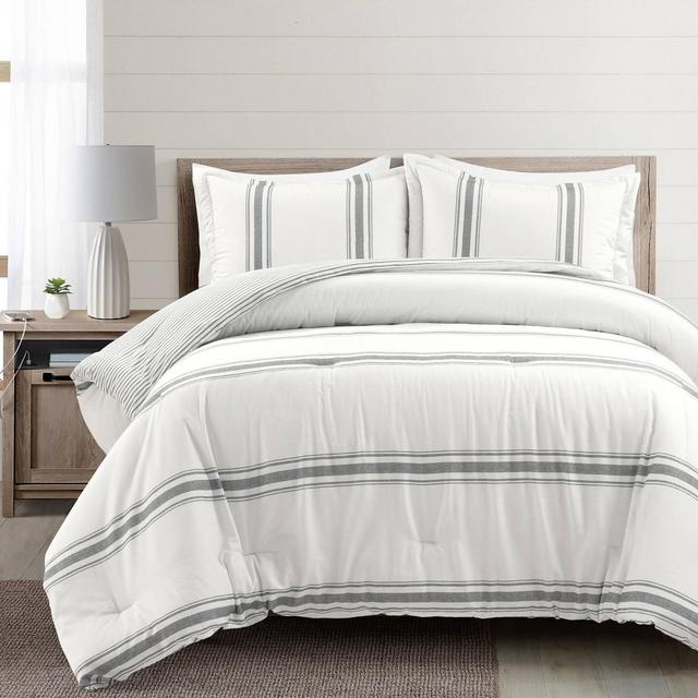 Lush Décor 3pc California King Farmhouse Stripe Reversible Oversized Cotton Comforter Set Dark Gray