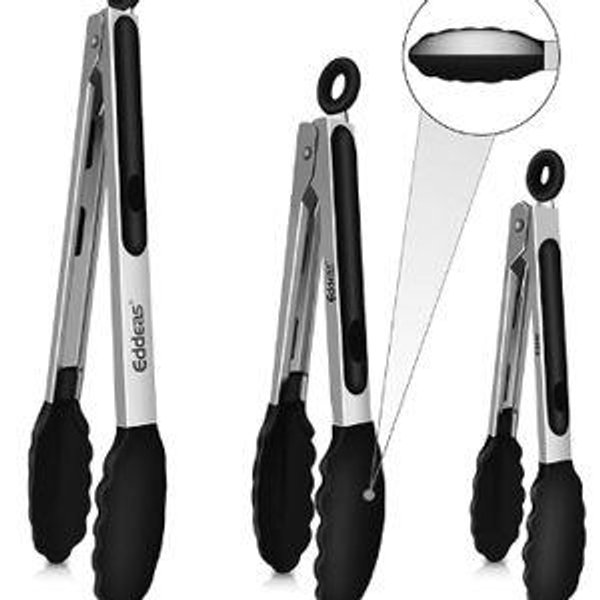 Kitchen Tongs with Silicone Tips, Tongs for Cooking Heat Resistant 600 Degrees Stainless Steel Locking Tongs - 7" 9" & 12 inch Silicone Tongs Non-Stick, Black Set of 3