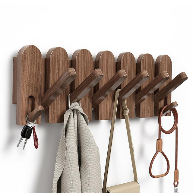 Sueuapp Walnut Wood Coat Rack Wall Mount,16.5" Wall Mounted Coat Rack with 8 Retractable Hangers,Heavy Duty Coat Hooks for Hanging Coats,Hats,Towels,Bags,Key Holder for Entryway