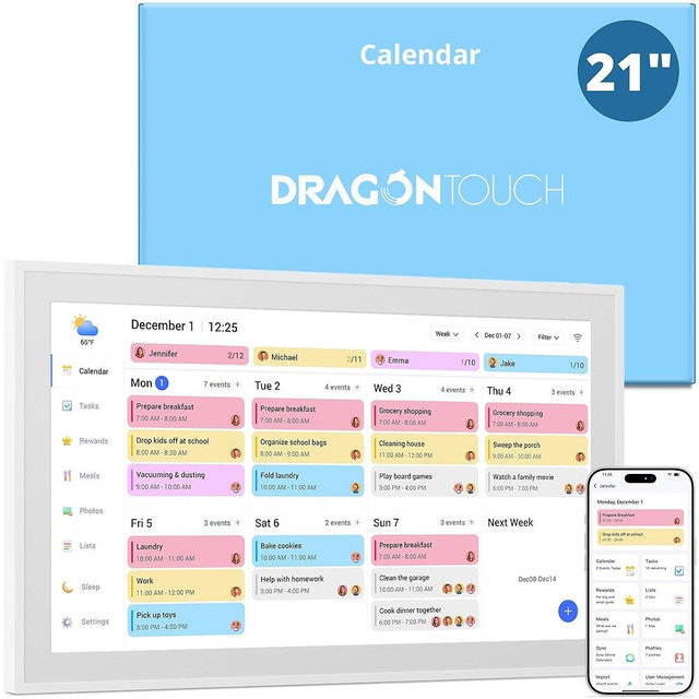 Dragon Touch 21.5" Digital Calendar Chore Chart – 1080P Full HD Interactive Touchscreen, Smart Family Planner, Hearth Display Digital Wall Calendar & Desk Mountable for Seamless Scheduling