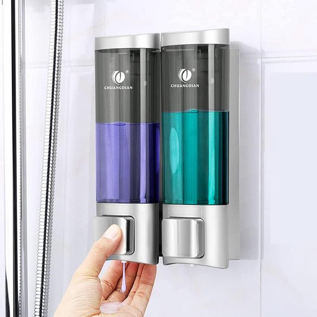 No Drill Soap Dispenser Set Bathroom Shower Wall Mount 200mlx2 Chamber Adhensive Body Wash Liquid Bottle Shampoo and Conditioner Dispenser Bath