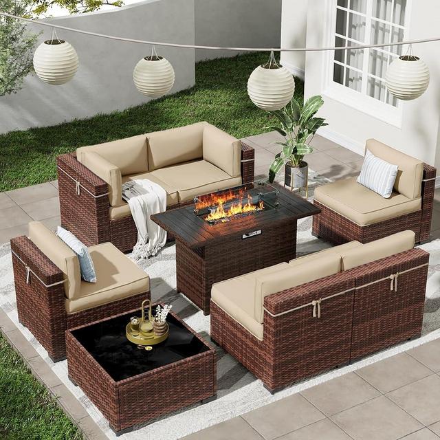 VONZOY Patio Furniture Set with 44'' Propane Gas Firepit Table, 8 PCS Outdoor Sectional Conversation Sets with High Back, Beige (Waterproof Covers Included)