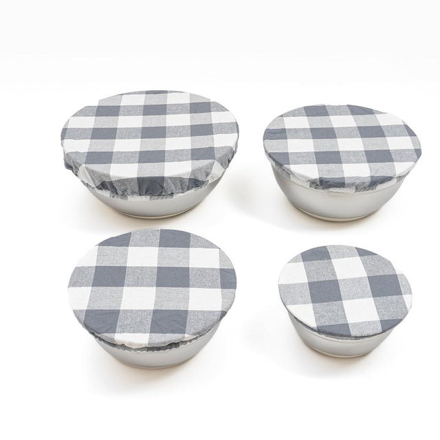 Reusable Cloth Bowl Covers - 100% Cotton Fabric Bowl Covers Set to Cover Fruits, Vegetables and Regulate Moisture - Elastic Bowl Covers for Salads, Bread & Leftovers (Gray Plaid, 1XL, 1L, 1M, 1S)