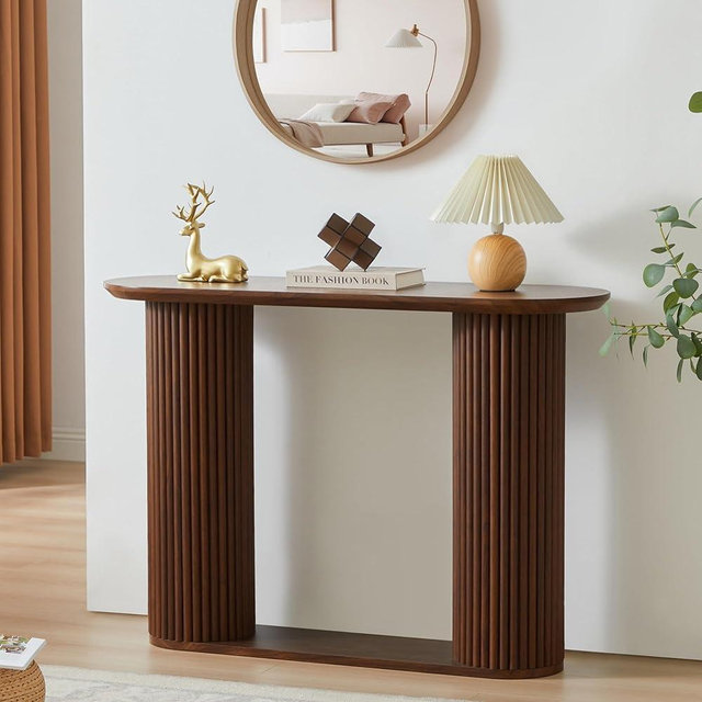 AVZEAR Fluted Entryway Console Table with Storage Shelf, Oval Curved Mid Century Couch Table Behind Sofa Console Tables Long and Skinny for Living Room Hallway Entrance Foyer, Walnut