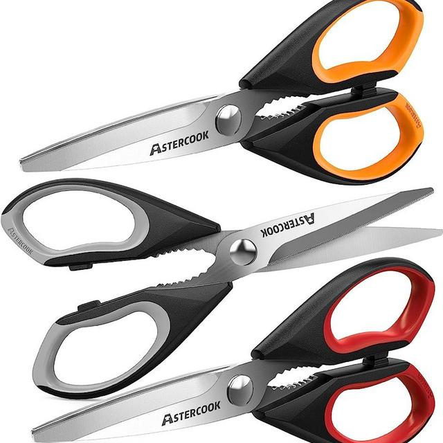 Astercook Kitchen Shears, Kitchen Scissors Heavy Duty Serrated Blade, PP+TPR Handle Shears, Ideal for Poultry, Herbs, Vegetables, Durable and Ergonomic Design (Black Red, Black Orange, Black Grey)