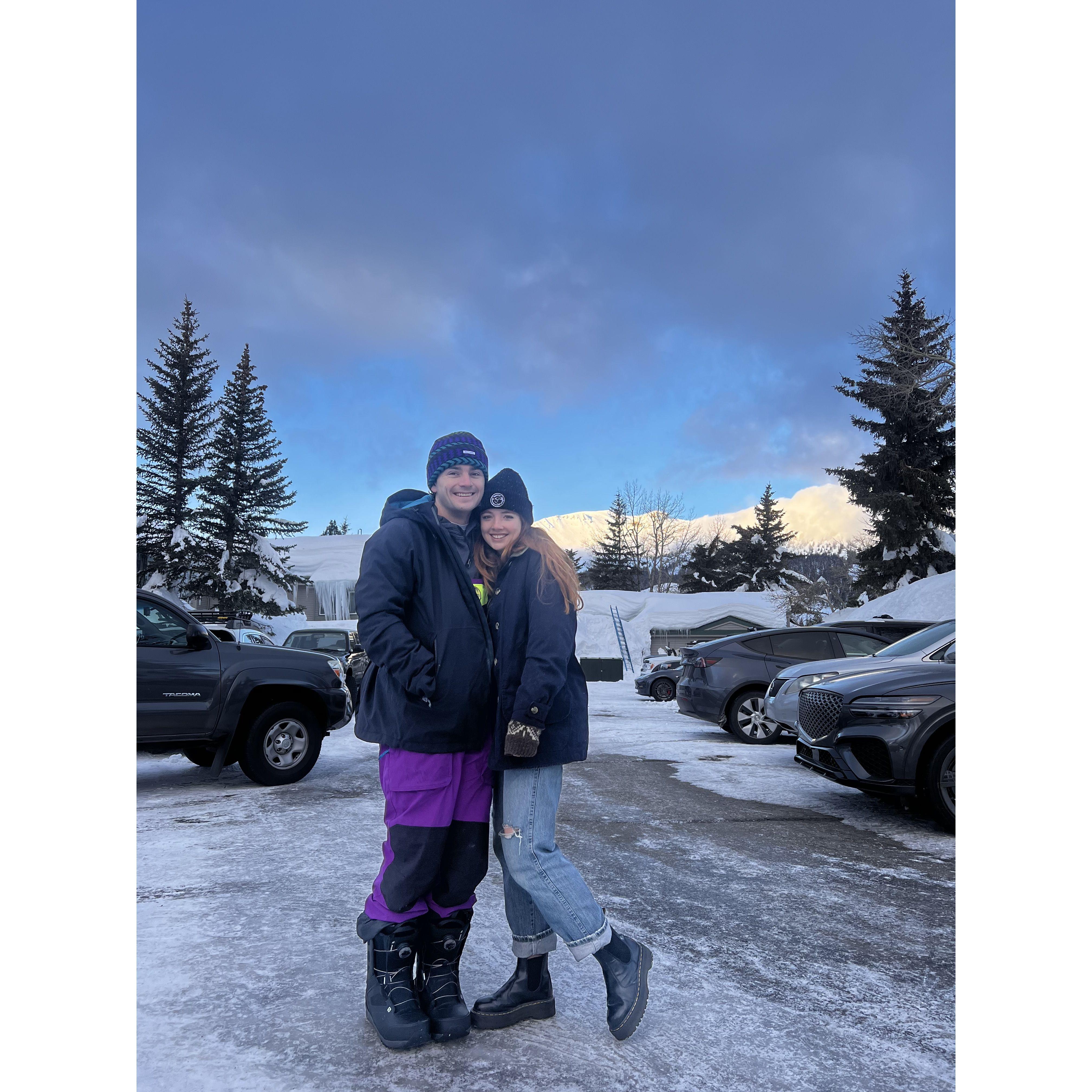 amanda learns to snowboard while max shreds