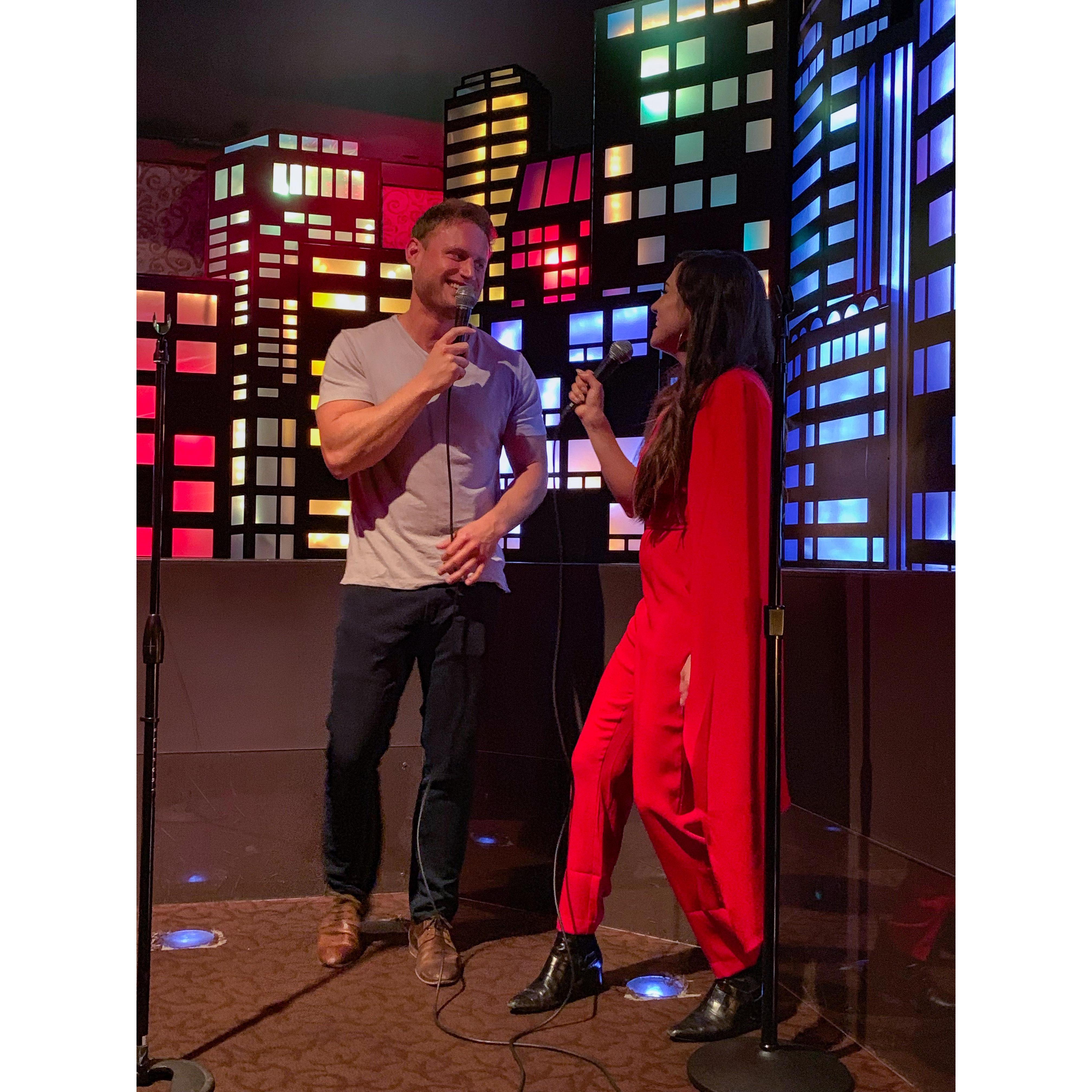 Crooning sweet nothings for Micol's karaoke 37th birthday bash in March 2019.